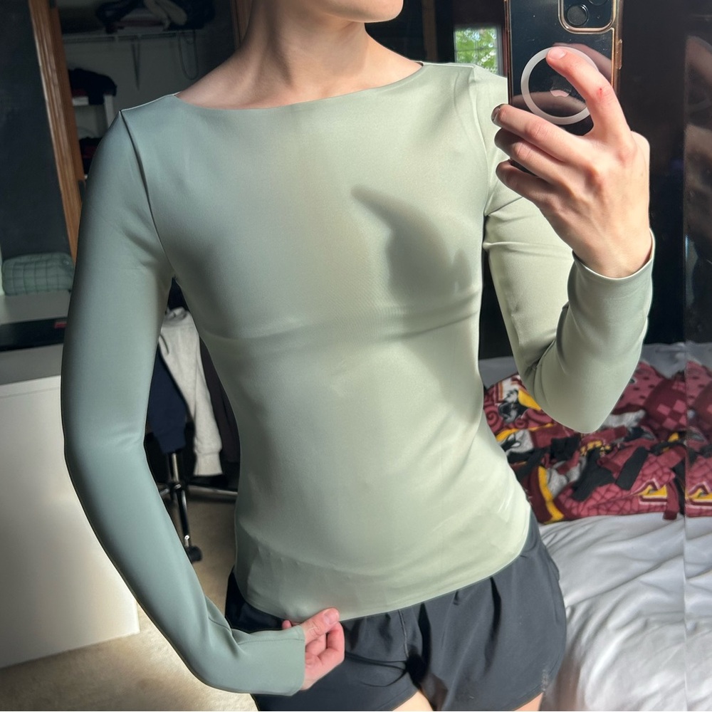 Abercrombie & Fitch Sage Green Fitted Boat Neck Long Sleeve Top